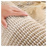 BSICPRO Bathroom Rugs Sets 3 Piece, Toilet Rugs U-Shaped Contour Bath Mat Set, Long Striped Absorbent Non Slip Chenille Shower Mat, Beige