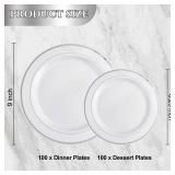 NOCCUR 200PCS Silver Plastic Plates Disposable for 100 Guests - Include 100 Dinner / 100 Dessert Plates Heavy Duty - Ideal for Party&Wedding