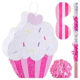 Sosation 15.7" Cupcake Pinata for Birthday Party Supplies with Stick, Blindfold and Confetti for Kids Girls Baby Shower Candy Donut Ice Cream Pinata Party Supplies Party Decoration Prop(Cute)