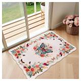 LIVEBOX Washable Rug 2x3 Kitchen Mats for Floor Entryway, Non Slip Floral Front Door Mat for Bathroom Hallway,Boho Low-Pile Small Carpet Butterfly Throw Indoor Rugs for Bath Sink, Beige