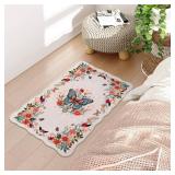 LIVEBOX Washable Rug 2x3 Kitchen Mats for Floor Entryway, Non Slip Floral Front Door Mat for Bathroom Hallway,Boho Low-Pile Small Carpet Butterfly Throw Indoor Rugs for Bath Sink, Beige