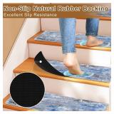 Boho Stair Treads Non-Slip Stair Carpet 15PCS 8\X30\in Blue Stair Runner for Wooden Steps Rubber Backing Stair Mats Washable Reusable Stair Rugs Indoor Safety for Elders Kids Dogs - Retail: $50in