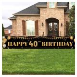 Large Happy 40th Birthday Decoration Banner, Black and Gold Happy 40th Birthday Banner Sign, 40th Birthday Party Decorations Supplies(9.8x1.6ft) - Retail: $10
