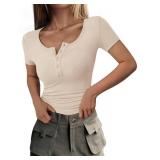 PRETTYGARDEN Womenfts 2025 Fall Summer Short Sleeve Tops Ribbed Henley Button Slim Fit Basic Casual T Shirts Blouse Clothing (Beige,Medium) - Retail: $10