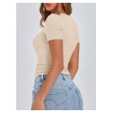 PRETTYGARDEN Womenfts 2025 Fall Summer Short Sleeve Tops Ribbed Henley Button Slim Fit Basic Casual T Shirts Blouse Clothing (Beige,Medium) - Retail: $10