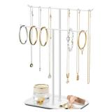 Necklace Holder Jewelry Organizer Stand  2?Tier T?Bar Jewelry Display Tree with Tray for Countertop Necklace Bracelet Earring Storage, Vanity Dresser Bathroom Sink, White - Retail: $10