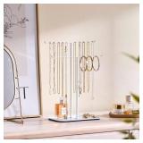 Necklace Holder Jewelry Organizer Stand  2?Tier T?Bar Jewelry Display Tree with Tray for Countertop Necklace Bracelet Earring Storage, Vanity Dresser Bathroom Sink, White - Retail: $10