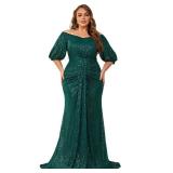 Womenfts Plus Size Off Shoulder Puff Sleeve Sequin Formal Maxi Dress Evening Party Gowns Green - Retail: $74