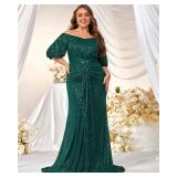 Womenfts Plus Size Off Shoulder Puff Sleeve Sequin Formal Maxi Dress Evening Party Gowns Green - Retail: $74