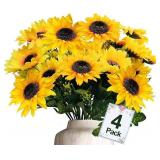 TURNMEON 28Pcs Sunflowers Artificial Flowers for Outdoors Fall Decor, 4 Pack Fake Mums Flowers Silk Faux Fall Sunflower Bouquet Arrangement for Vase Wedding Table Home Outdoor Cemetery Summer Decor - 