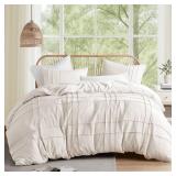 Comfort Spaces Cream Queen Size Duvet Cover Set - 3 Pieces Pintuck Pleated Duvet Cover Queen, All Season Lightweight, Extra Softness Pre-Washed Microfiber Queen Bedding Cover Shams, FullQueen - Retail