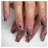 24Pcs Black French Tip Press on Nails Short Pink Fake Nails Square Shaped Heart Gold Glitter French Lines Designs Full Cover Glue on Nails Artificial Acrylic False Nails for Women Manicure Decoration 
