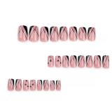 24Pcs Black French Tip Press on Nails Short Pink Fake Nails Square Shaped Heart Gold Glitter French Lines Designs Full Cover Glue on Nails Artificial Acrylic False Nails for Women Manicure Decoration 