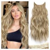 KooKaStyle Invisible Wire Hair Extensions with Transparent Wire Adjustable Size 4 Secure Clips Long Wavy Secret Hairpiece (24 Inch,Dark Ash Blonde mix Light Blonde Highlights) - Retail: $19