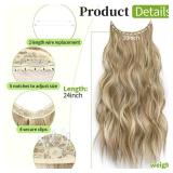 KooKaStyle Invisible Wire Hair Extensions with Transparent Wire Adjustable Size 4 Secure Clips Long Wavy Secret Hairpiece (24 Inch,Dark Ash Blonde mix Light Blonde Highlights) - Retail: $19