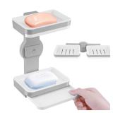 Pddgllut Double Tier Soap Dish Holder for Shower, Suction Cup Wall Mounted Self Draining Bar Soap Sponge Holder for Bathroom Kitchen, Drill-Free Removable(Gray+White) - Retail: $13