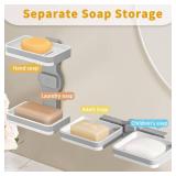 Pddgllut Double Tier Soap Dish Holder for Shower, Suction Cup Wall Mounted Self Draining Bar Soap Sponge Holder for Bathroom Kitchen, Drill-Free Removable(Gray+White) - Retail: $13