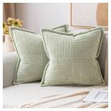 MIULEE Decorative Throw Pillow Covers for Couch Bed Livingroom 18x18 Inch Set of 2 Light Green Boho Accent Throw Pllows Broadside Striped Patchwork Soft Corduroy Summer Pillowcases - Retail: $19