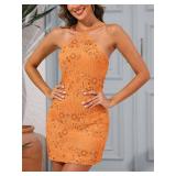 Simlakey Womenfts Sequin Dress Sparkly Beaded Halter Mini Dress Backless Y2K Bodycon Prom Casual Party Club Travel(Orange,S) - Retail: $40