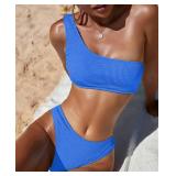 YIMISAN Womens Bikini Sets One Shoulder Top with Low Waisted Tankini Two Piece Bathing Suit Blue M - Retail: $29