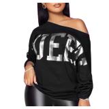 PESION Womens Off The Shoulder Tops Sexy Shiny Shirts LongShort Sleeves Fashion Graphic T-Shirts Blouses, Black+ Silver X-Large - Retail: $29