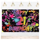 Joyiou Happy 21st Birthday Neno Glow in The Dark Backdrop Banner Decorations for Her Women Him, Graffiti Splash Paint 21st Birthday Party Sign Supplies Photo Booth Props Indoor Outdoor Décor (5x3ft) 