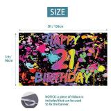 Joyiou Happy 21st Birthday Neno Glow in The Dark Backdrop Banner Decorations for Her Women Him, Graffiti Splash Paint 21st Birthday Party Sign Supplies Photo Booth Props Indoor Outdoor Décor (5x3ft) 