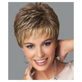 SEVENCOLORS Short Dark Brown Mixed Blonde Pixie Cut Wigs for Women Synthetic Layered Highlight Wigs with Bangs Natural Hair Replacement Wig - Retail: $22