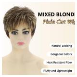 SEVENCOLORS Short Dark Brown Mixed Blonde Pixie Cut Wigs for Women Synthetic Layered Highlight Wigs with Bangs Natural Hair Replacement Wig - Retail: $22