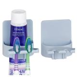 2 PCS Self-Adhesive Toothbrush Holders Wall Mounted, Water Proof Toothbrush Hook, 3 in 1 with Toothbrush Hanger Toothpaste Holder and Gargle Cup Holder for Bathroom Shower (Blue) - Retail: $10