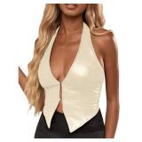 SOLY HUX Womenfts PU Leather Halter Tank Tops Sexy Deep V Neck Asymmetrical Vest Corset Party Clubwear Pure Apricot Small - Retail: $37
