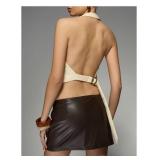 SOLY HUX Womenfts PU Leather Halter Tank Tops Sexy Deep V Neck Asymmetrical Vest Corset Party Clubwear Pure Apricot Small - Retail: $37