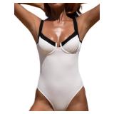 BERLOOK Womenfts Vintage One-Piece Swimsuit with Knotted Slimming Design Contrast Trim Bathing Suit White S