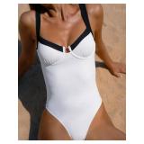 BERLOOK Womenfts Vintage One-Piece Swimsuit with Knotted Slimming Design Contrast Trim Bathing Suit White S