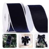 DINDOSAL Navy Blue Velvet Ribbon Wired 2.5\ x 10 Yards Dark Blue Christmas Wired Ribbon With Silver Backside, Blue and Silver Christmas Tree Ribbon for Wreaths, Bows, Crafts, Home Decor, Gift Wrapping
