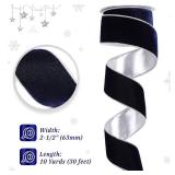 DINDOSAL Navy Blue Velvet Ribbon Wired 2.5\ x 10 Yards Dark Blue Christmas Wired Ribbon With Silver Backside, Blue and Silver Christmas Tree Ribbon for Wreaths, Bows, Crafts, Home Decor, Gift Wrapping