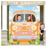 Hippie Bus Photo Prop, Groovy Birthday Party Decorations Large Fabric Hippie Bus Photo Door Banner Background Funny Selfie Frame Backdrop for 60fts 70fts Party Favors, 59 x 47.2 Inch (Cute Style) - Re