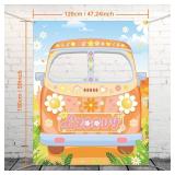 Hippie Bus Photo Prop, Groovy Birthday Party Decorations Large Fabric Hippie Bus Photo Door Banner Background Funny Selfie Frame Backdrop for 60fts 70fts Party Favors, 59 x 47.2 Inch (Cute Style) - Re