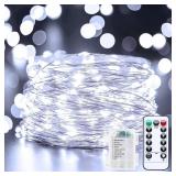 66Ft 200 LED Outdoor String Lights, Pure White Fairy Lights Battery Operated with Remote, Waterproof Twinkle Lights for Bedroom Dorm Patio Tapestry Backyard Garden Party Indoor Christmas Decoration - 