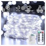 66Ft 200 LED Outdoor String Lights, Pure White Fairy Lights Battery Operated with Remote, Waterproof Twinkle Lights for Bedroom Dorm Patio Tapestry Backyard Garden Party Indoor Christmas Decoration - 