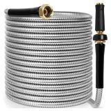 TOOLCY Metal Garden Hose- 304 Stainless Steel Water Hose 50 ft with Brass Nozzle - Super Flexible, No Kink, Heavy Duty, Puncture-proof, Lightweight, Durable Garden Hoses for Yard, Outdoor, Lawn USED -