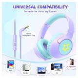 Kids Wired Headphones for School, 8594 dB Volume Limit, Wired Over Ear Headphones for Girls Kids with Microphone, Foldable Stereo Sound 3.5mm Wire Cord for Kindle Tablet Airplane Travel, Purple - Reta