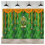 7x5ft(2.1mx1.5m) Pooja Backdrop Decoration Cloth Items Indian Ganpati Puja Traditional Chatiya Ganesh Mehndi Photography Background Festival Wedding Party Marigold Garlands Photo Booth Props Banner - 
