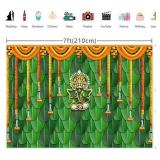 7x5ft(2.1mx1.5m) Pooja Backdrop Decoration Cloth Items Indian Ganpati Puja Traditional Chatiya Ganesh Mehndi Photography Background Festival Wedding Party Marigold Garlands Photo Booth Props Banner - 
