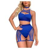 Womenfts Rave Outfits Cutout Fishnet Top High Waisted Booty Shorts Bottom Choker 3 Pieces Babydoll Lingerie Nightwear Festival Clothes Blue Small - Retail: $26