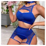 Womenfts Rave Outfits Cutout Fishnet Top High Waisted Booty Shorts Bottom Choker 3 Pieces Babydoll Lingerie Nightwear Festival Clothes Blue Small - Retail: $26