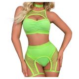 Womenfts Rave Outfits Cutout Fishnet Top High Waisted Booty Shorts Bottom Choker 3 Pieces Babydoll Lingerie Nightwear Festival Clothes Fluorescent Green Small - Retail: $26