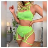Womenfts Rave Outfits Cutout Fishnet Top High Waisted Booty Shorts Bottom Choker 3 Pieces Babydoll Lingerie Nightwear Festival Clothes Fluorescent Green Small - Retail: $26