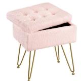 Seventable Vanity Stool Chair with Storage, Teddy Velvet Soft Ottoman, 4 Metal Legs with Anti-Slip Feet, Furry Padded Seat, Multifunctional Stool for Makeup, Footstool, Bedroom, Pink - Retail: $33
