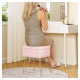 Seventable Vanity Stool Chair with Storage, Teddy Velvet Soft Ottoman, 4 Metal Legs with Anti-Slip Feet, Furry Padded Seat, Multifunctional Stool for Makeup, Footstool, Bedroom, Pink - Retail: $33